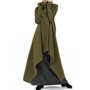 Detail view of women's oversized olive green asymmetrical turtleneck sweatshirt maxi dress