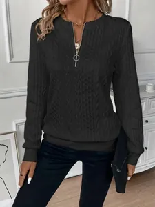 Close-up detail of women's black cable-knit casual sweatshirt with ring-pull quarter zip.