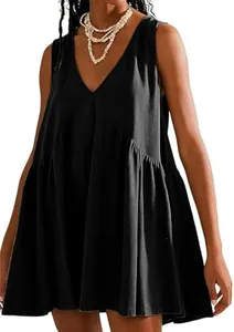 Detail view of the deep V-neck and pleated skirt of this black sleeveless tank dress