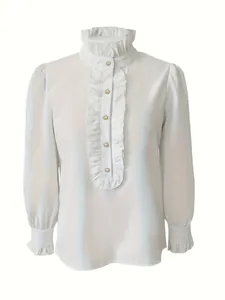 Elegant white long sleeve blouse with romantic ruffle detailing on collar and cuffs