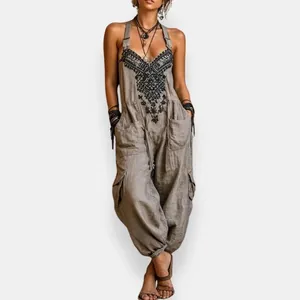 Bohemian V-neck sleeveless jumpsuit for women with embroidery and pockets