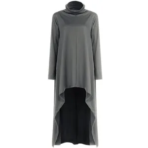 Detail shot of a grey high-neck tunic sweatshirt featuring a stylish irregular hem