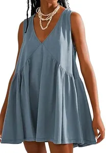 Detailed view of women's blue sleeveless V-neck pleated smock dress in soft cotton fabric