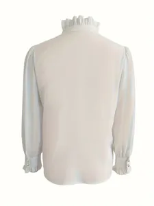 Elegant white blouse with ruffled high neck and long sleeves, back view details