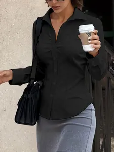 Women Solid Color Slim Fit Ruched Blouse Long Sleeve Lapel Button Up Polyester Office Professional Shirt Elegant Work Top