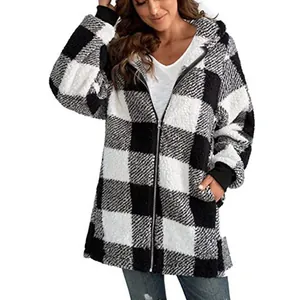 Women's buffalo plaid fuzzy fleece hooded jacket with full zipper and pockets.