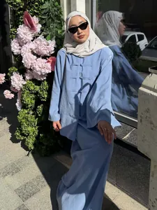 Elegant blue New Chinese style linen-like set with asymmetrical shirt and skirt