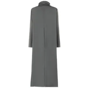 Detailed back view of a loose dark gray high-neck maxi sweatshirt dress with long sleeves