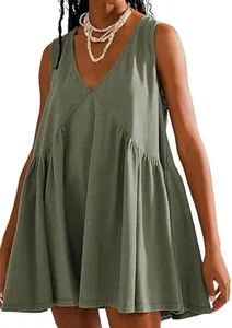 Close-up of a sage green V-neck sleeveless dress featuring elegant pleated waist details
