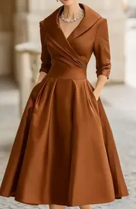 Elegant copper-colored wrap midi dress with a pleated A-line skirt and V-neckline