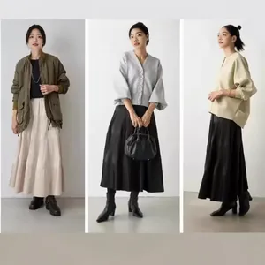 Falda Larga Plisada de Punto para Mujer Otoño Invierno Línea A Cintura Alta Falda Midi Color Sólido Poliéster Casual