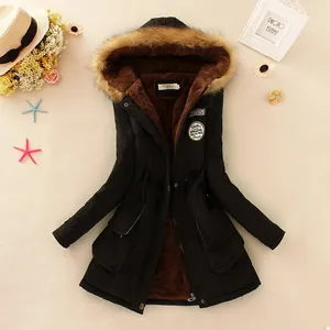 Detailed view of women's mid-length parka coat with warm fleece lining and fur hood