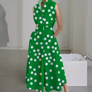 Women's V Neck Sleeveless Button Front Polka Dot Floral Printed Midi Dress Summer Fashion Casual Commuting Polyester Fishtail Dress