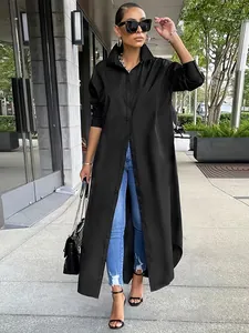 Chic plus size black long-sleeve maxi shirt dress for a casual street style look.