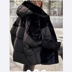 Women's oversized faux fur patchwork puffer jacket with hood for winter