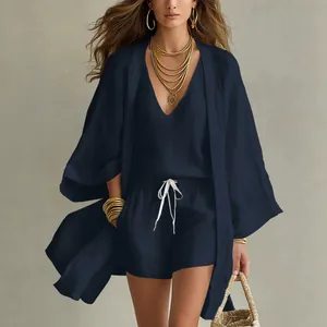 Elegant 3-piece navy blue cotton linen lounge set with cardigan, vest and shorts
