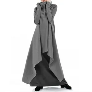 Women Irregular Hem Sweatshirt Dress Acrylic Acetate High Neck Long Sleeve Oversized Solid Robe Casual Pullover Maxi Dress