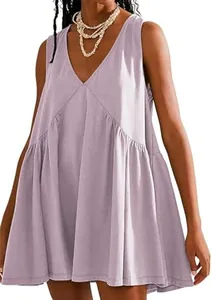 Detailed view of soft lavender sleeveless V-neck pleated dress with loose casual fit
