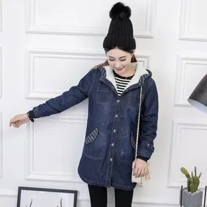 Winter mid-long hooded denim jacket for women featuring thick white fleece lining