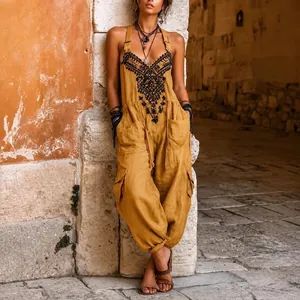Bohemian mustard yellow V-neck sleeveless jumpsuit with black ethnic chest embroidery