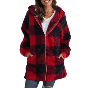 Detailed view of women's red and black buffalo plaid fleece hoodie with front zipper.