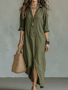 Damen Große Größen Böhmisch Einfarbig Hemdkleid V-Ausschnitt Knopf Langarm Maxikleid Lässig Locker Languid Urlaubs Kleider