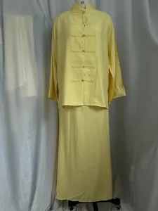 Traditional Chinese style yellow linen set with asymmetrical long shirt and maxi skirt