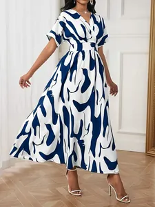 Elegant blue and white abstract print maxi dress with V-neck and cinched waist