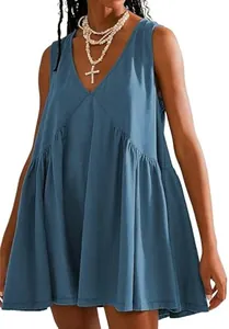 Close-up of a blue sleeveless V-neck dress with pleated details and loose fit.