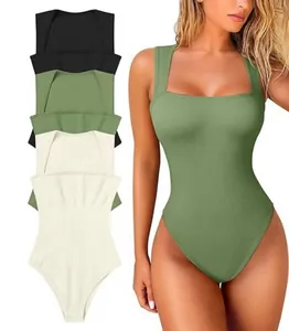 Sleeveless square neck ribbed knit bodysuit set in black, olive green, and beige colors