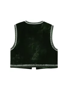 Vista posteriore del gilet in velluto verde scuro con paillettes argento e ricami.