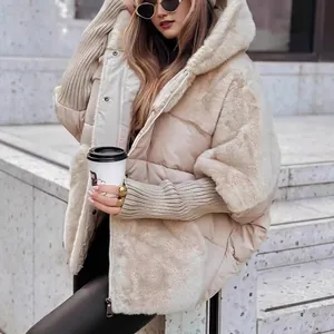 Oversized beige puffer jacket with faux fur splicing and knit sleeves for women