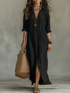 Schwarzes Bohemian Langarm-Hemdkleid für Damen mit lässiger, lockerer Passform