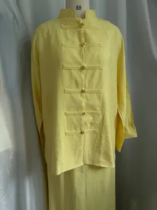 Lemon yellow new Chinese style faux linen set with asymmetrical shirt and skirt