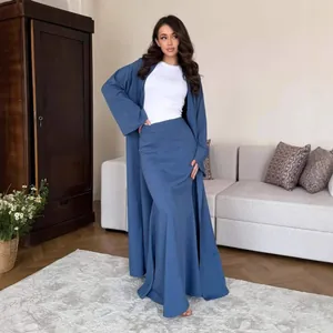 Women's Polyester Long Sleeve Abaya Cardigan And Maxi Skirt Top And Bottom Set Sand-washed Solid Color Casual Summer Suit