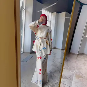 Elegant modest floral print long-sleeved shirt and maxi skirt suit set for women