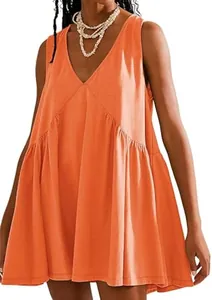 Detailed close-up of orange V-neck sleeveless pleated tank mini dress for women