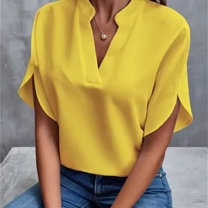 Summer casual bright yellow V-neck loose blouse for women with stylish slit sleeves