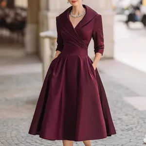 Women Elegant Satin Long Sleeve Maxi Dress V Neck Slim Fit A-Line Evening Party Gown Solid Color High Waist Dress With Pockets
