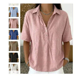 Chemisier Femme Été en Coton et Lin Manches Courtes Ample Boutons Col en V Revers Couleur Unie Haut Décontracté Vacances