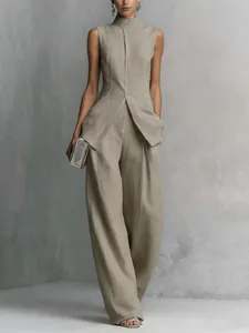 Elegantes Set aus ärmelloser Leinenweste und Hose mit weitem Bein in modernem Taupe