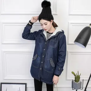 Warm fleece-lined hooded denim jacket for women in dark blue with decorative pockets