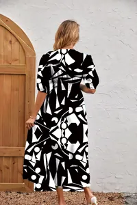 Back view of fashion printed maxi dress with black and white geometric pattern