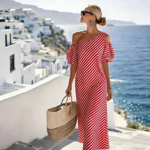 Elegant red and white striped one-shoulder dress for seaside vacation styling