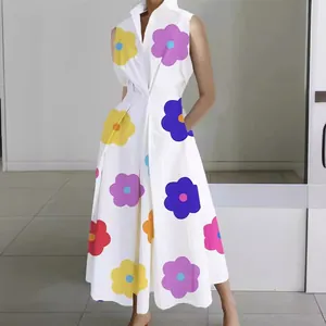 Elegant white sleeveless midi dress featuring bold colorful floral prints and a stylish V-neck.