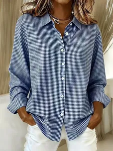 Classic blue and white gingham checkered long sleeve shirt for women with lapel collar