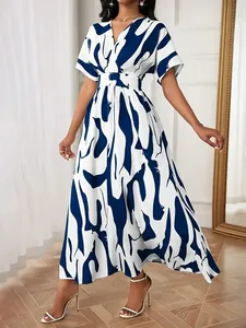 Elegant abstract blue and white print maxi dress with V-neck and high waist