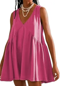Pink V-neck sleeveless pleated tank dress with a relaxed fit and elegant drapes for women