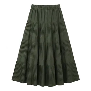 Elegante falda midi de punto plisada en línea A verde oscuro con elástico