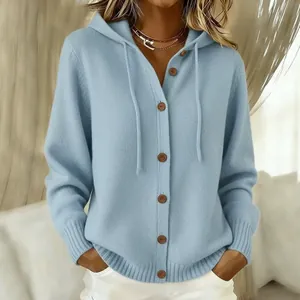 Damen Casual Gestrickte Kapuze Pullover Strickjacke Baumwolle Polyester Mischung Knopf Vorne Einfarbig Langarm Top